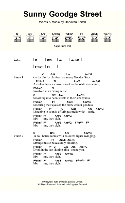 Donovan Sunny Goodge Street Sheet Music Notes & Chords for Lyrics & Chords - Download or Print PDF