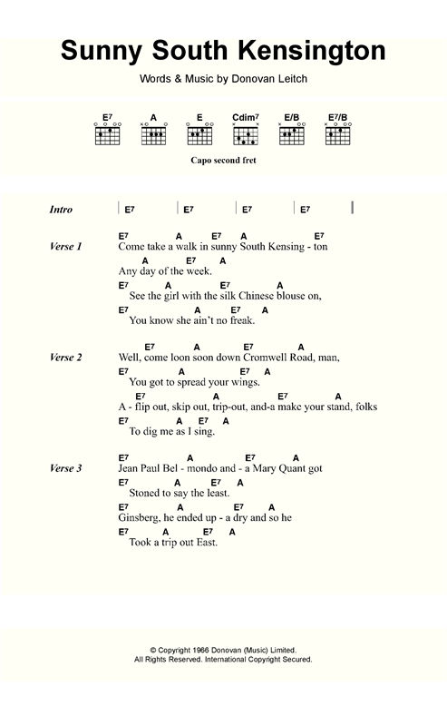 Donovan Sunny South Kensington Sheet Music Notes & Chords for Lyrics & Chords - Download or Print PDF