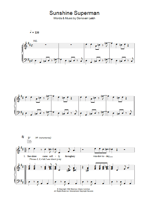 Donovan Sunshine Superman Sheet Music Notes & Chords for Melody Line, Lyrics & Chords - Download or Print PDF