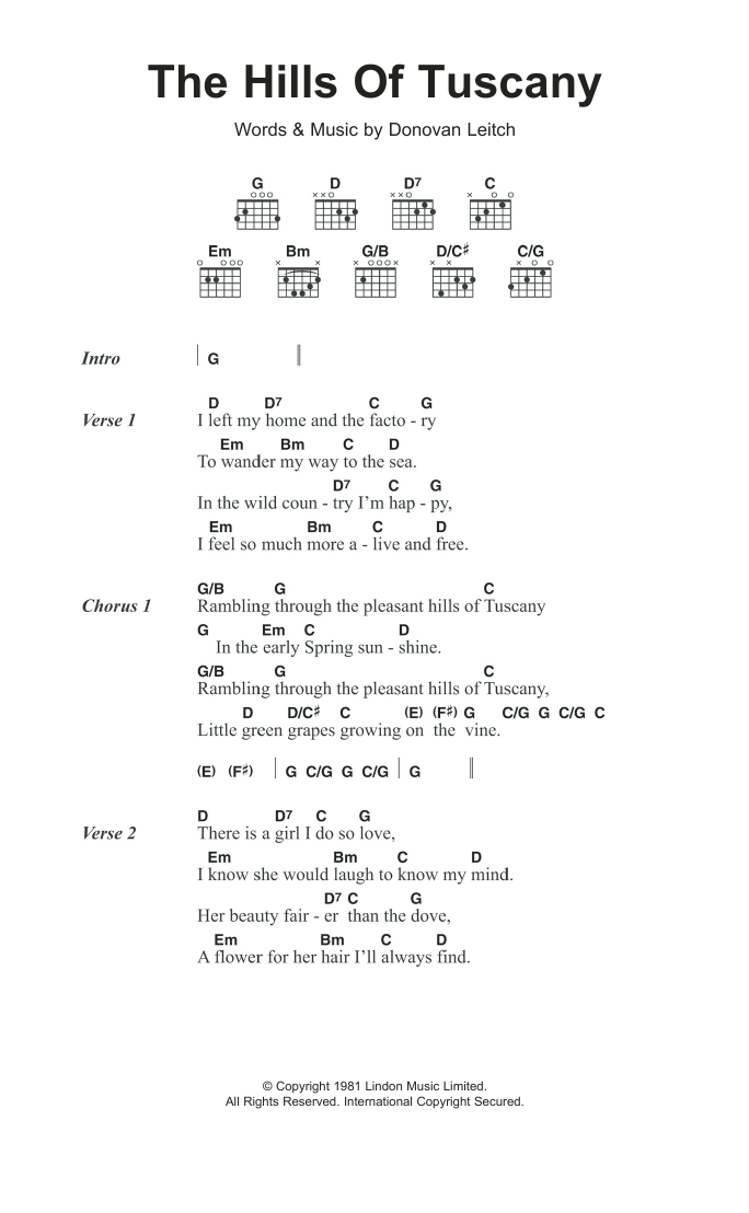 Donovan The Hills Of Tuscany Sheet Music Notes & Chords for Lyrics & Chords - Download or Print PDF