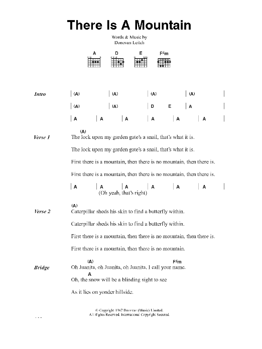 Donovan There Is A Mountain Sheet Music Notes & Chords for Lyrics & Chords - Download or Print PDF