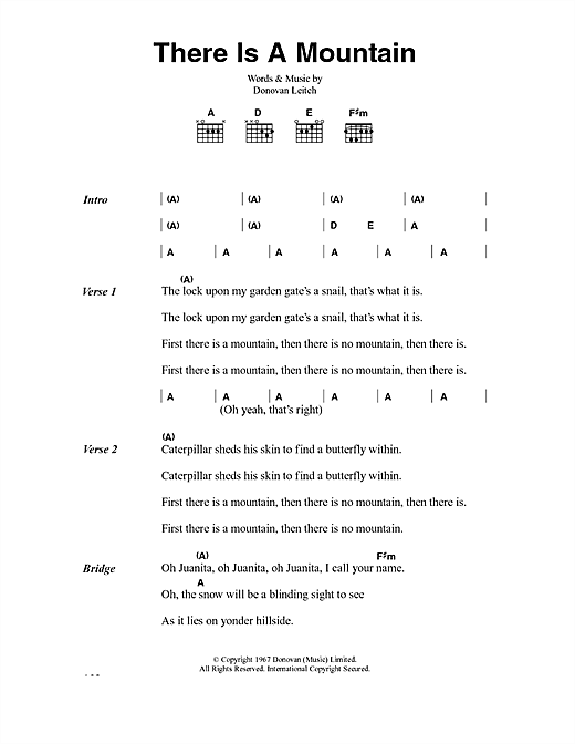 Donovan There Is A Mountain Sheet Music Notes & Chords for Lyrics & Chords - Download or Print PDF