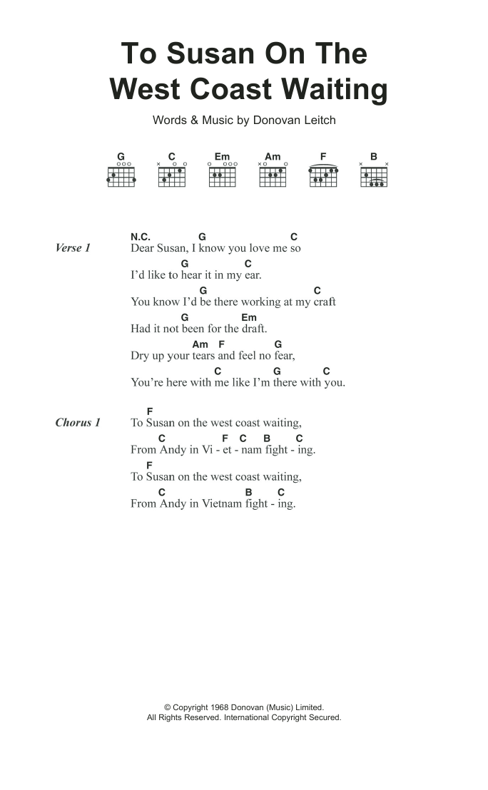 Donovan To Susan On The West Coast Sheet Music Notes & Chords for Lyrics & Chords - Download or Print PDF Donovan To Susan On The West Coast Sheet Music Notes & Chords for Lyrics & Chords - Download or Print PDF