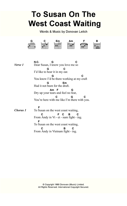 Donovan To Susan On The West Coast Sheet Music Notes & Chords for Lyrics & Chords - Download or Print PDF