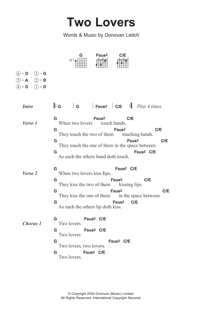 Donovan Two Lovers Sheet Music Notes & Chords for Lyrics & Chords - Download or Print PDF Donovan Two Lovers Sheet Music Notes & Chords for Lyrics & Chords - Download or Print PDF