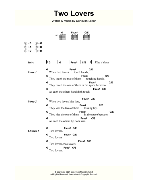 Donovan Two Lovers Sheet Music Notes & Chords for Lyrics & Chords - Download or Print PDF