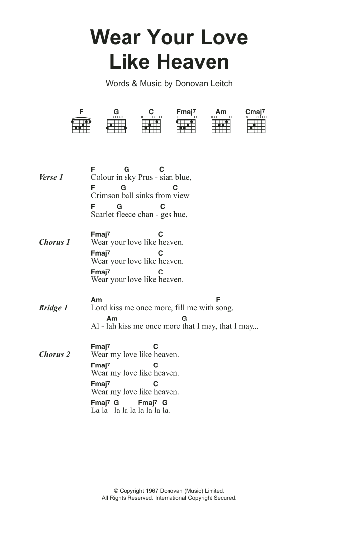 Donovan Wear Your Love Like Heaven Sheet Music Notes & Chords for Lyrics & Chords - Download or Print PDF