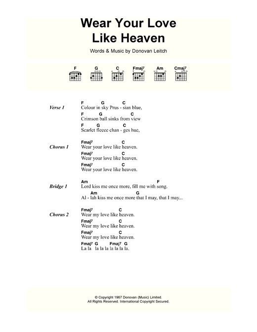 Donovan Wear Your Love Like Heaven Sheet Music Notes & Chords for Lyrics & Chords - Download or Print PDF