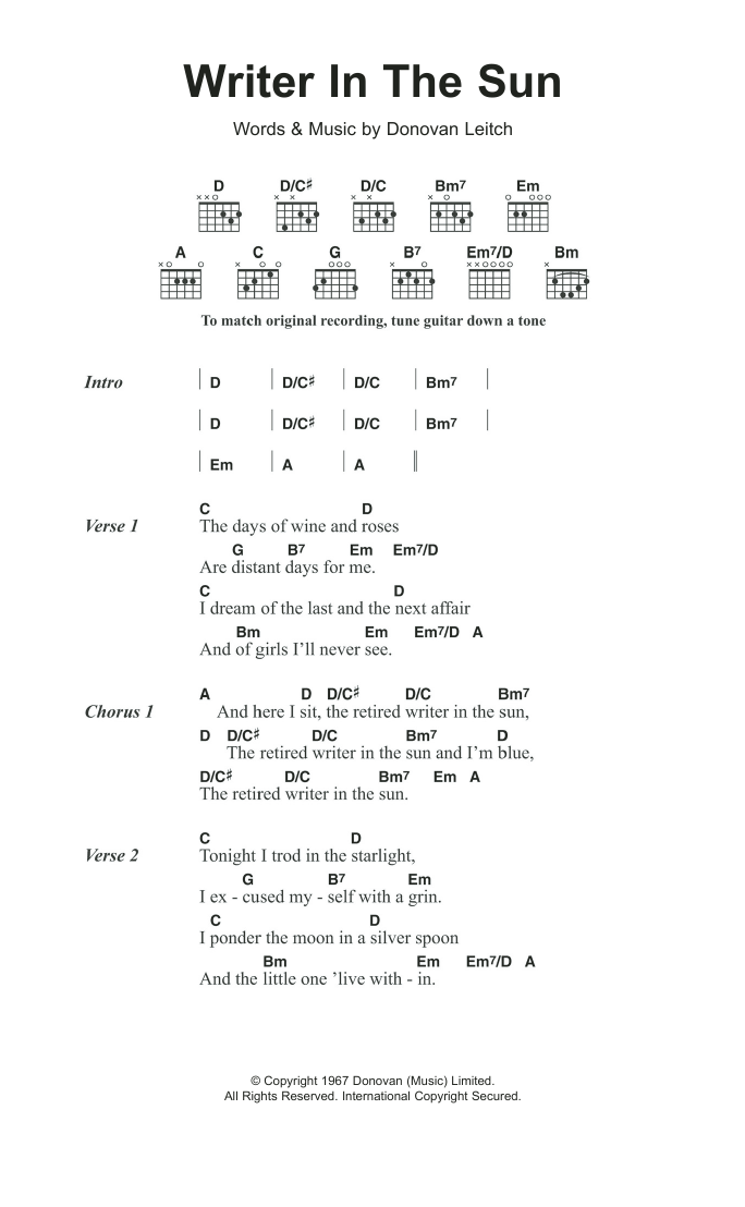 Donovan Writer In The Sun Sheet Music Notes & Chords for Lyrics & Chords - Download or Print PDF