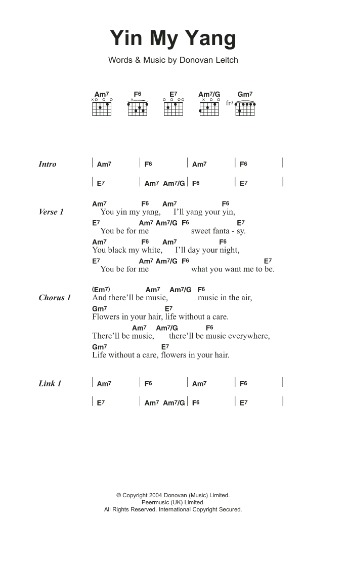 Donovan Yin My Yang Sheet Music Notes & Chords for Lyrics & Chords - Download or Print PDF