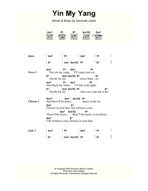 Donovan Yin My Yang Sheet Music Notes & Chords for Lyrics & Chords - Download or Print PDF