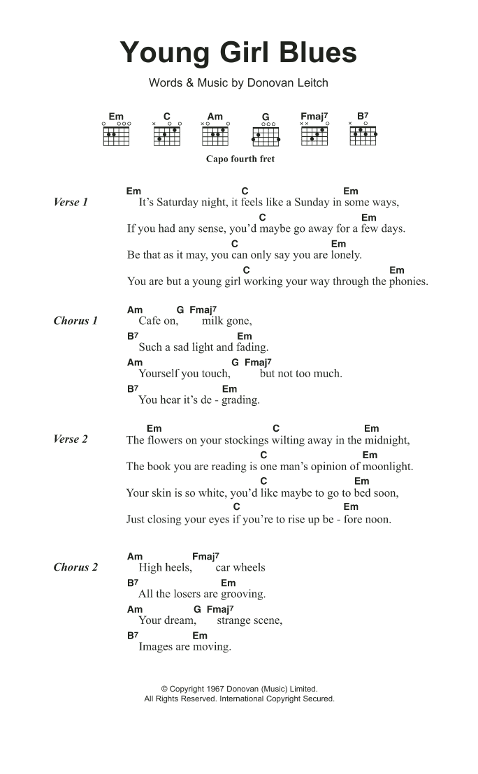 Donovan Young Girl Blues Sheet Music Notes & Chords for Lyrics & Chords - Download or Print PDF