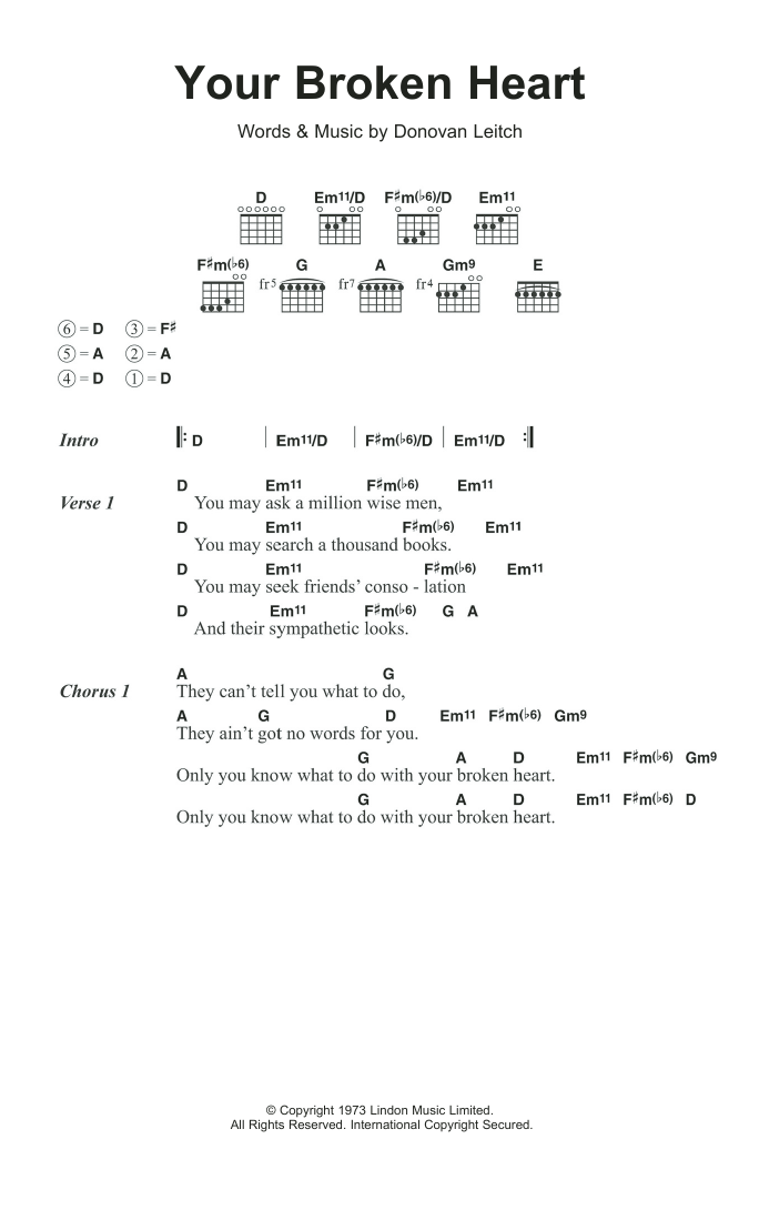 Donovan Your Broken Heart Sheet Music Notes & Chords for Lyrics & Chords - Download or Print PDF