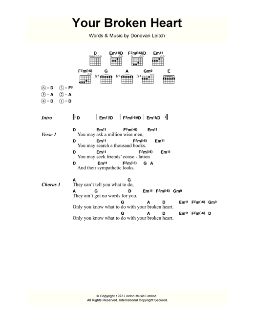 Donovan Your Broken Heart Sheet Music Notes & Chords for Lyrics & Chords - Download or Print PDF