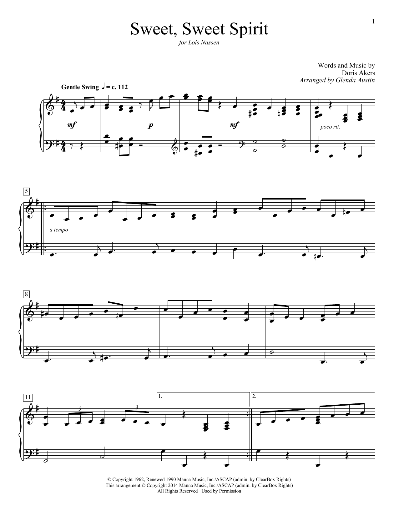 Doris Akers Sweet, Sweet Spirit (arr. Glenda Austin) Sheet Music Notes & Chords for Educational Piano - Download or Print PDF