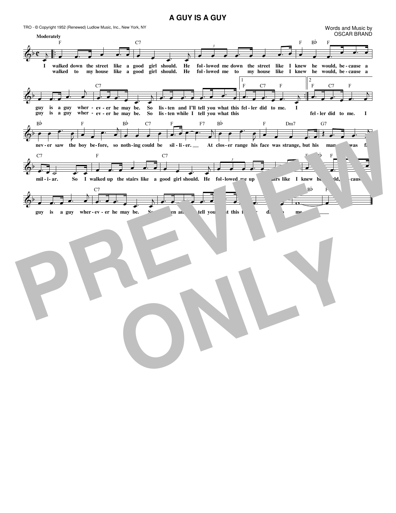 Oscar Brand A Guy Is A Guy Sheet Music Notes & Chords for Melody Line, Lyrics & Chords - Download or Print PDF
