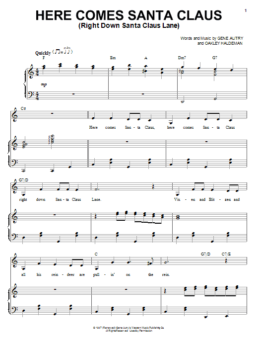 Doris Day Here Comes Santa Claus (Right Down Santa Claus Lane) Sheet Music Notes & Chords for Piano & Vocal - Download or Print PDF