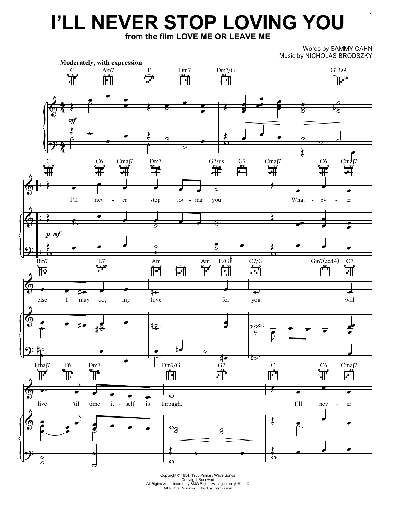 Doris Day I'll Never Stop Loving You Sheet Music Notes & Chords for Piano, Vocal & Guitar (Right-Hand Melody) - Download or Print PDF