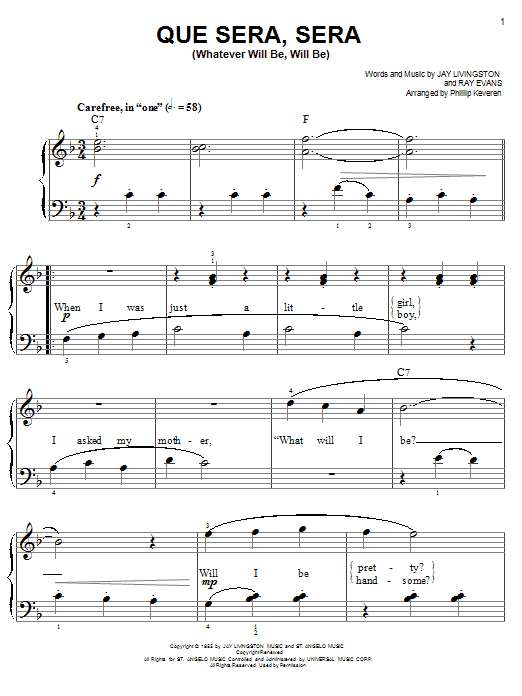 Doris Day Que Sera, Sera (Whatever Will Be, Will Be) (arr. Phillip Keveren) Sheet Music Notes & Chords for Easy Piano - Download or Print PDF