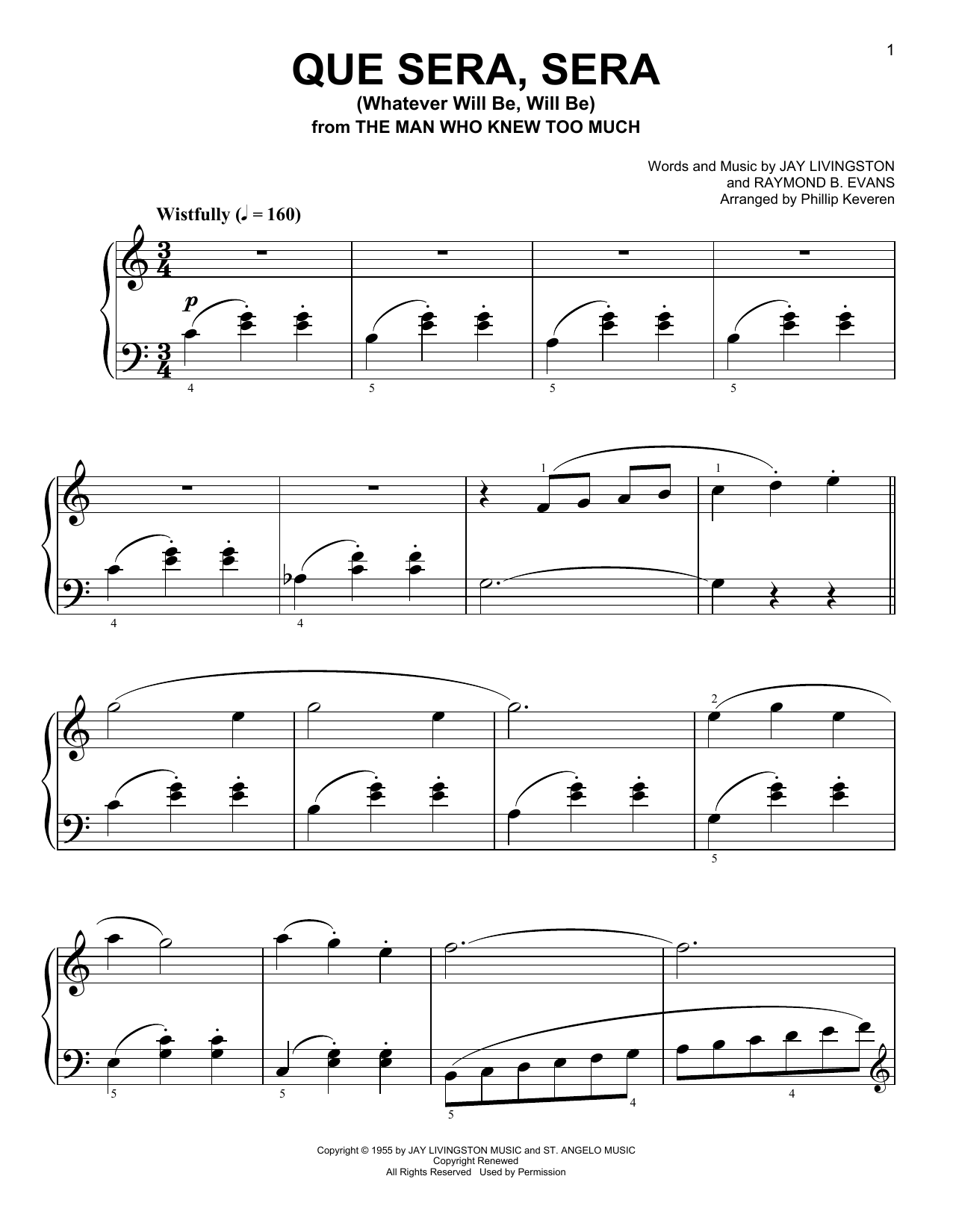 Doris Day Que Sera, Sera (Whatever Will Be, Will Be) [Classical version] (arr. Phillip Keveren) Sheet Music Notes & Chords for Easy Piano - Download or Print PDF