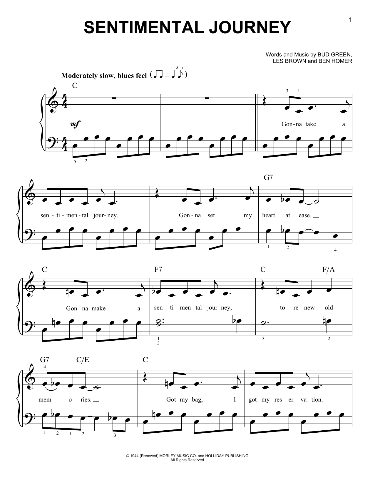 Doris Day Sentimental Journey Sheet Music Notes & Chords for Easy Piano - Download or Print PDF