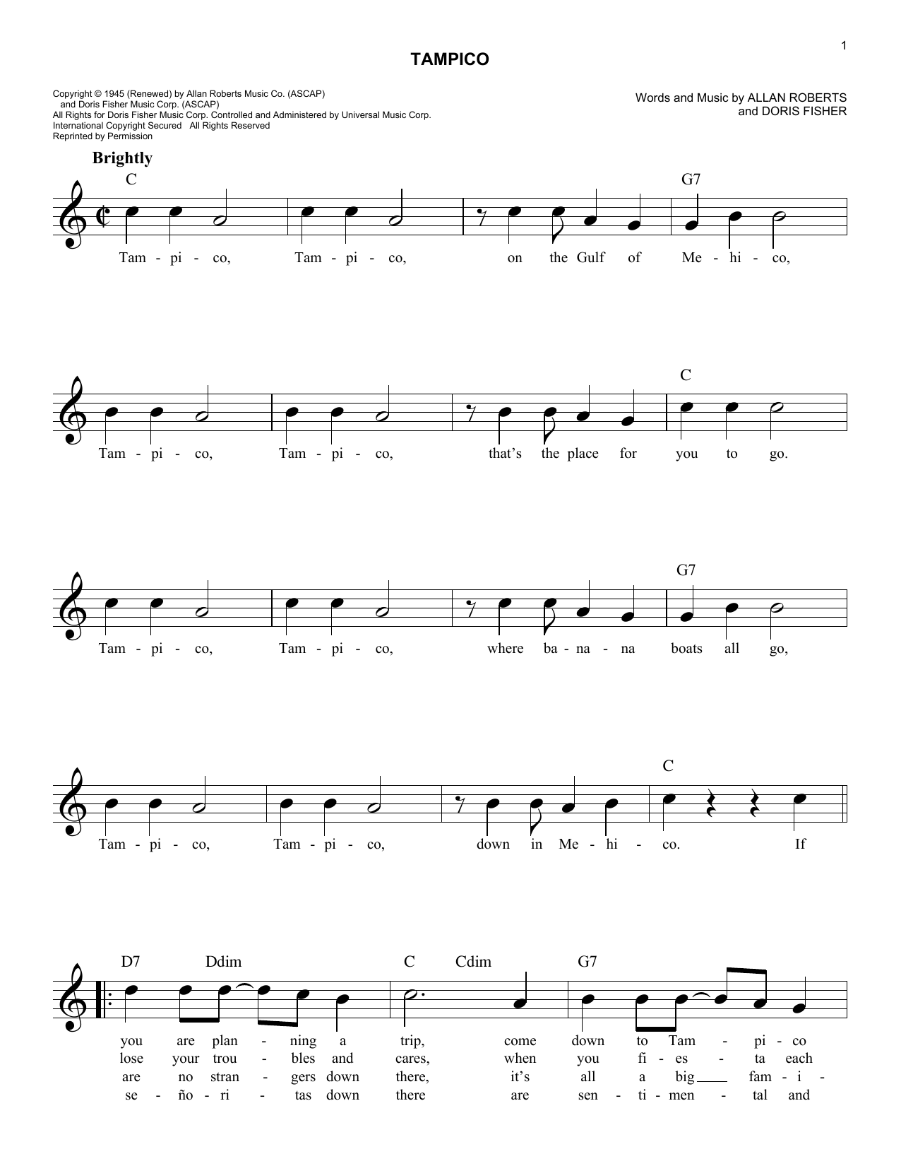 Doris Fisher Tampico Sheet Music Notes & Chords for Melody Line, Lyrics & Chords - Download or Print PDF