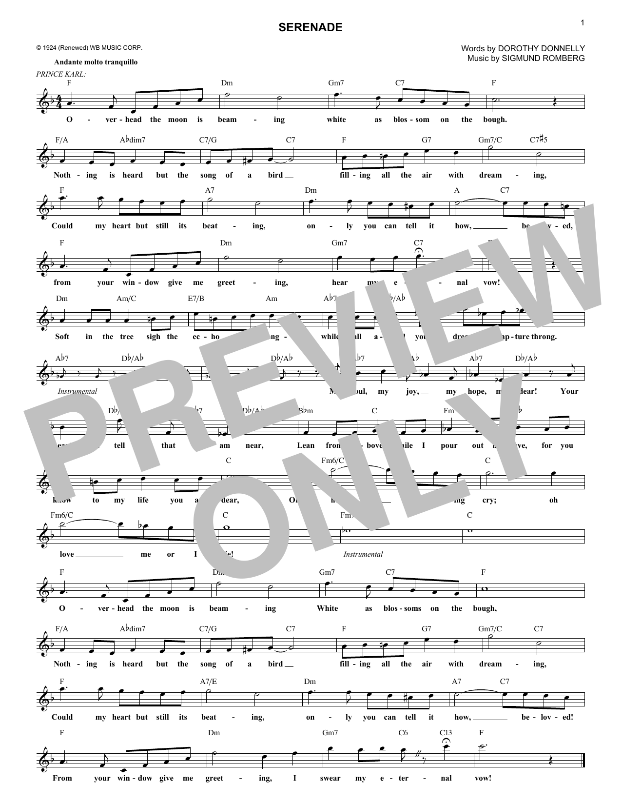 Dorothy Donnelly Serenade (from The Student Prince) Sheet Music Notes & Chords for Lead Sheet / Fake Book - Download or Print PDF