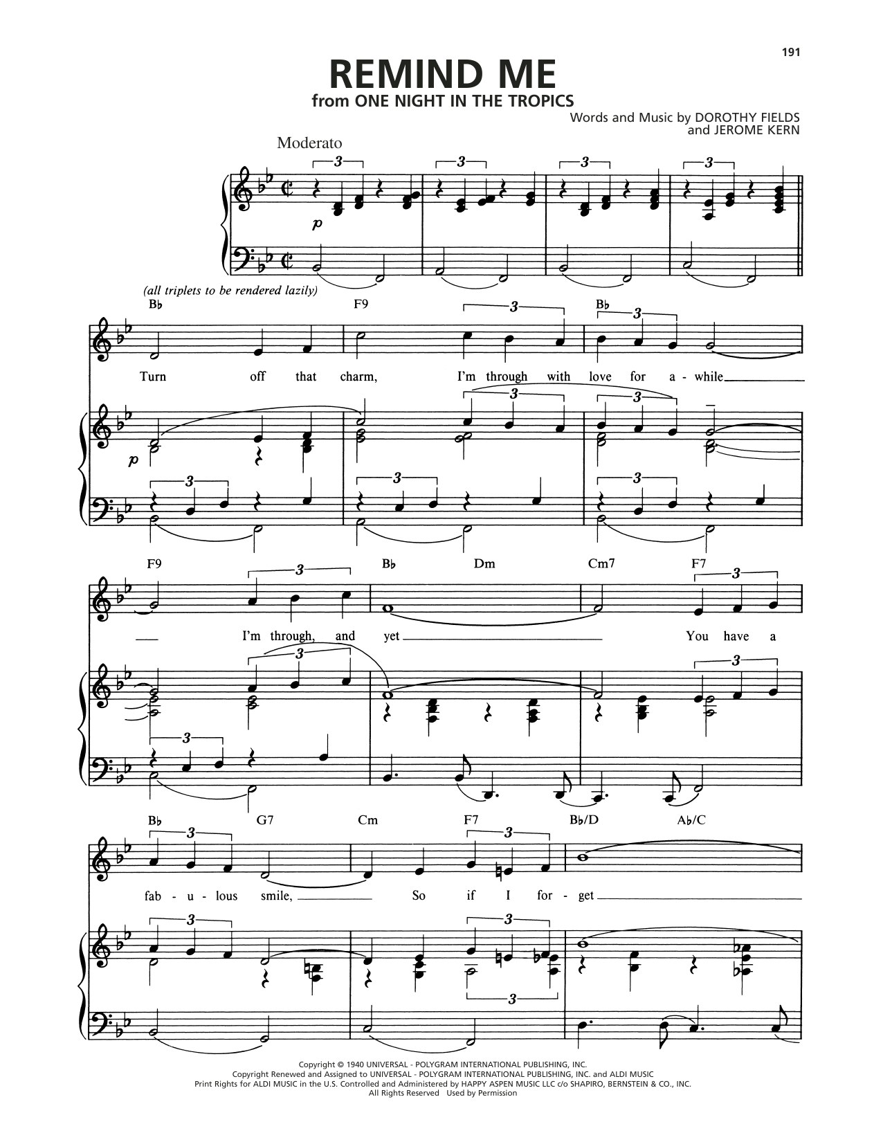 Dorothy Fields and Jerome Kern Remind Me Sheet Music Notes & Chords for Piano, Vocal & Guitar Chords (Right-Hand Melody) - Download or Print PDF