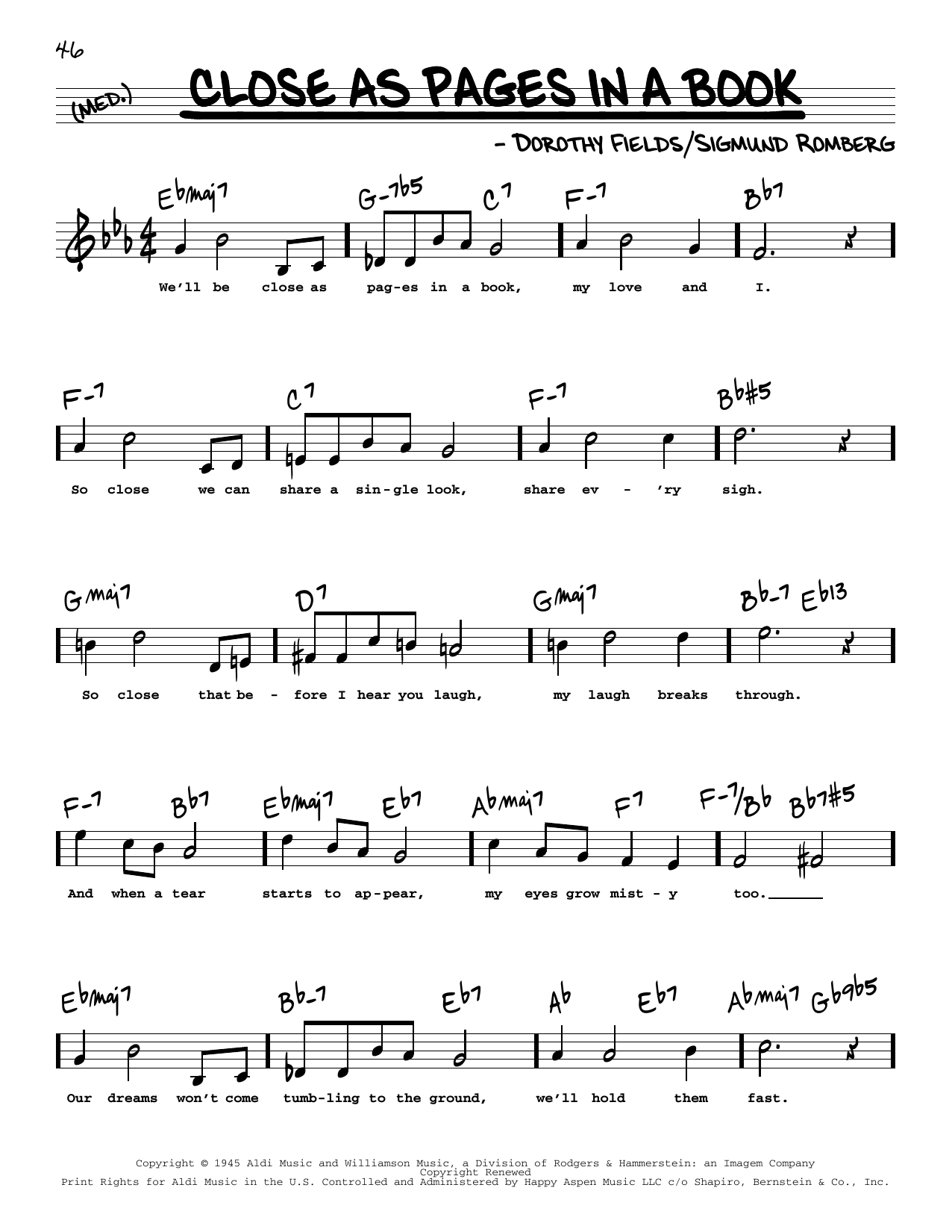 Dorothy Fields Close As Pages In A Book (High Voice) (from Up In Central Park) Sheet Music Notes & Chords for Real Book – Melody, Lyrics & Chords - Download or Print PDF