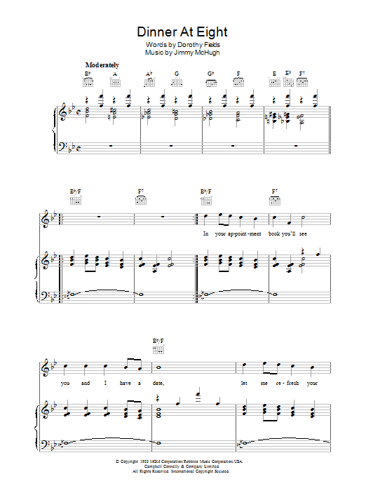 Dorothy Fields Dinner At Eight Sheet Music Notes & Chords for Piano, Vocal & Guitar (Right-Hand Melody) - Download or Print PDF