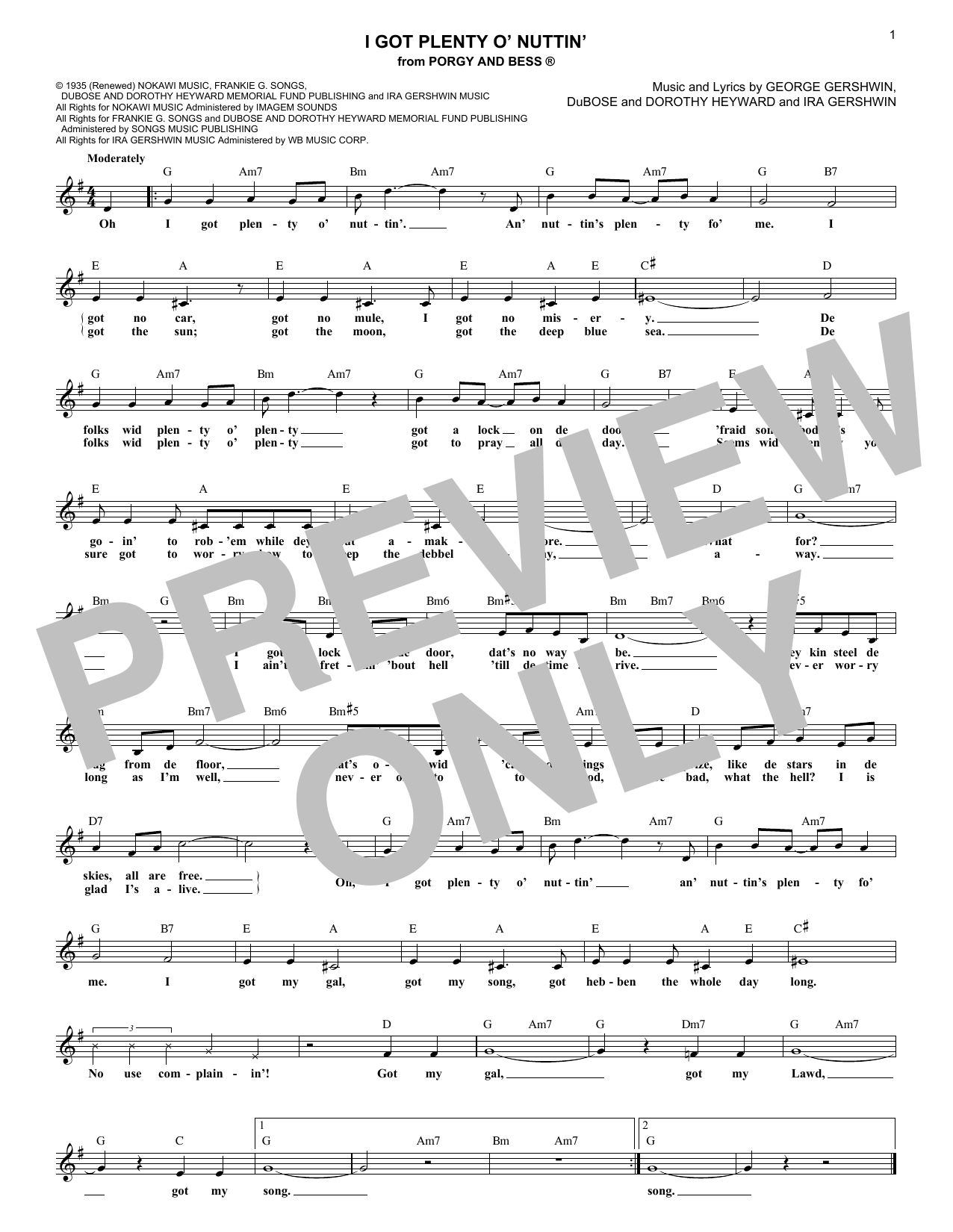 Dorothy Heyward I Got Plenty O' Nuttin' Sheet Music Notes & Chords for Melody Line, Lyrics & Chords - Download or Print PDF