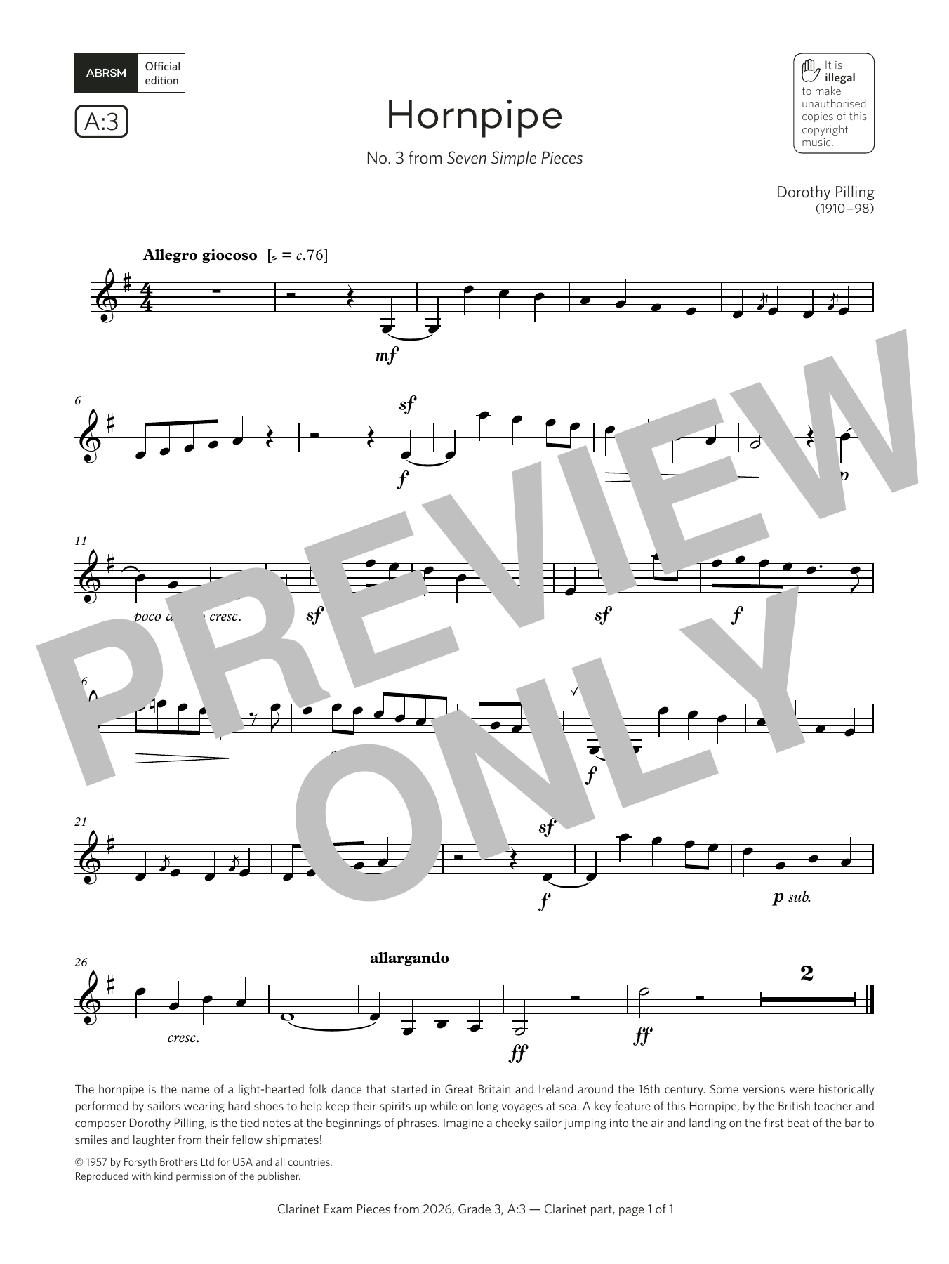 Dorothy Pilling Hornpipe (Grade 3, list A3, from the ABRSM Clarinet Syllabus from 2026) Sheet Music Notes & Chords for Clarinet Solo - Download or Print PDF Dorothy Pilling Hornpipe (Grade 3, list A3, from the ABRSM Clarinet Syllabus from 2026) Sheet Music Notes & Chords for Clarinet Solo - Download or Print PDF