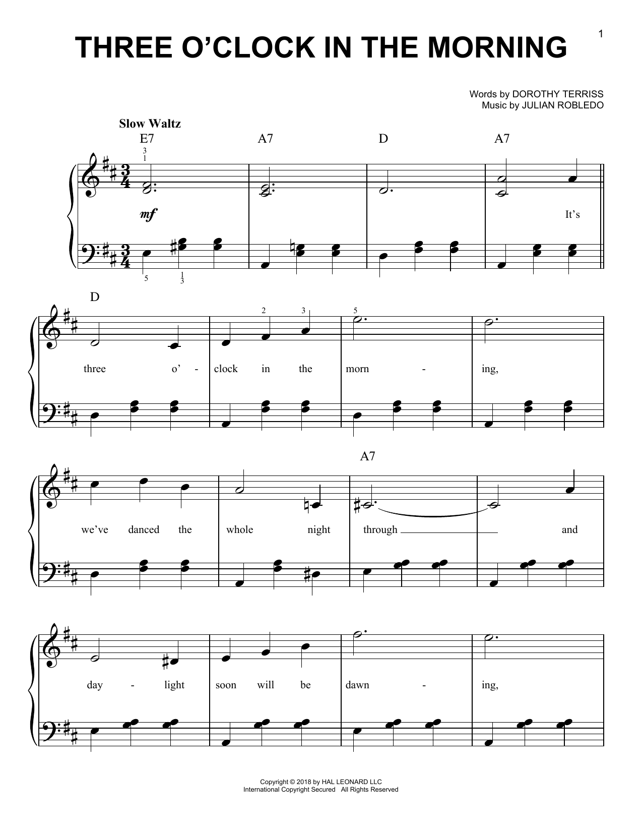 Dorothy Terriss Three O'Clock In The Morning Sheet Music Notes & Chords for Real Book – Melody & Chords - Download or Print PDF
