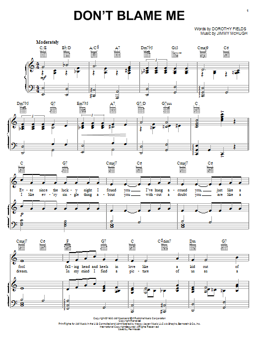 Preview Dorothy Fields Don't Blame Me Easy Listening sheet music, notes and chords for Piano, Vocal & Guitar (Right-Hand Melody), SKU: 14025 Don't Blame Me sheet music