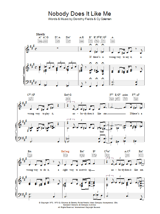 Preview Dorothy Fields Nobody Does It Like Me Pop sheet music, notes and chords for Piano, Vocal & Guitar (Right-Hand Melody), SKU: 37336 Nobody Does It Like Me sheet music