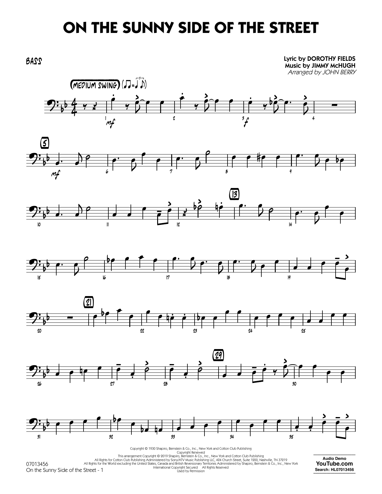 Dorothy Fields On The Sunny Side Of The Street Arr John Berry Bass Sheet Music Notes Download Pdf Score Printable