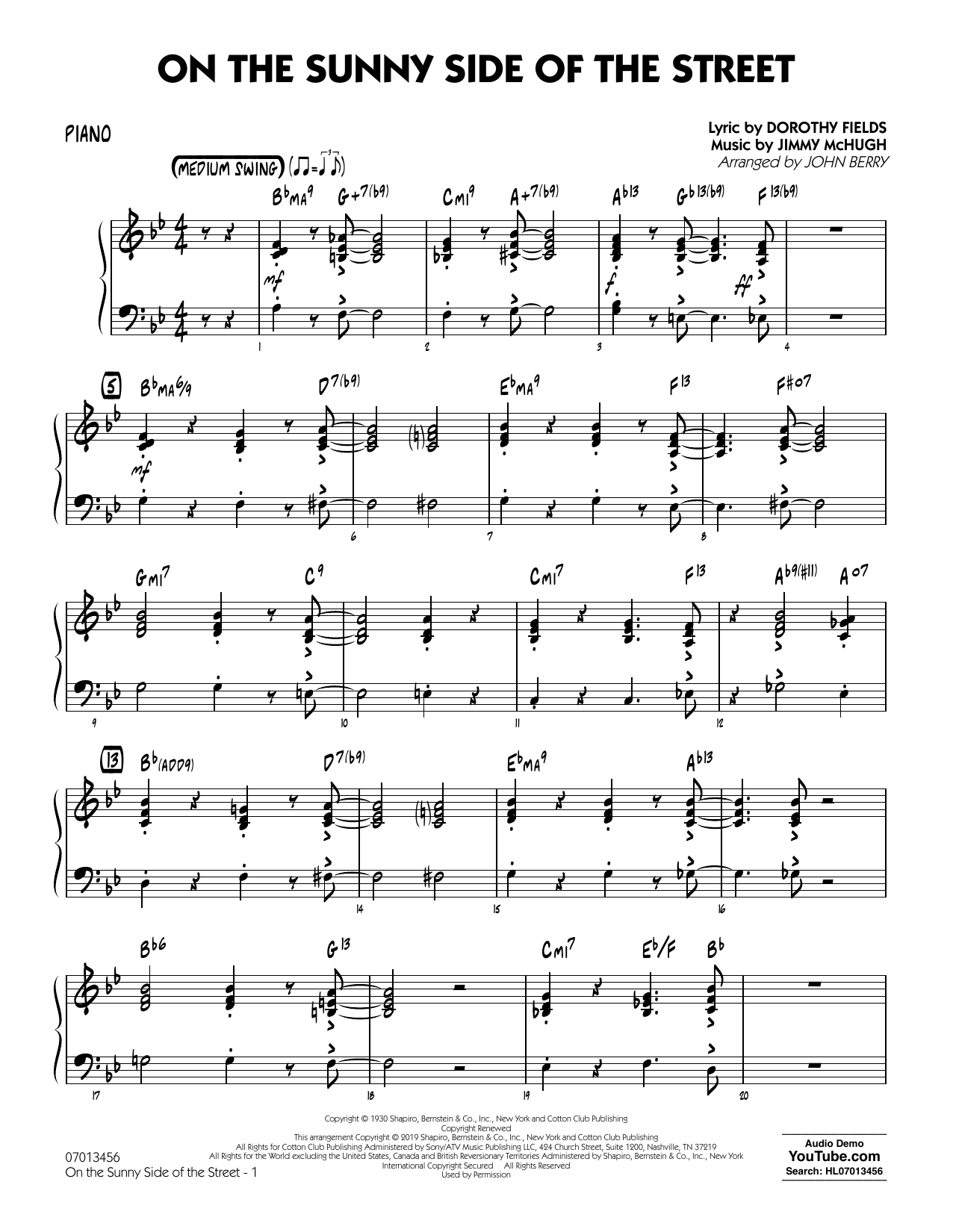 Dorothy Fields On The Sunny Side Of The Street Arr John Berry Piano Sheet Music Notes Download Pdf Score Printable
