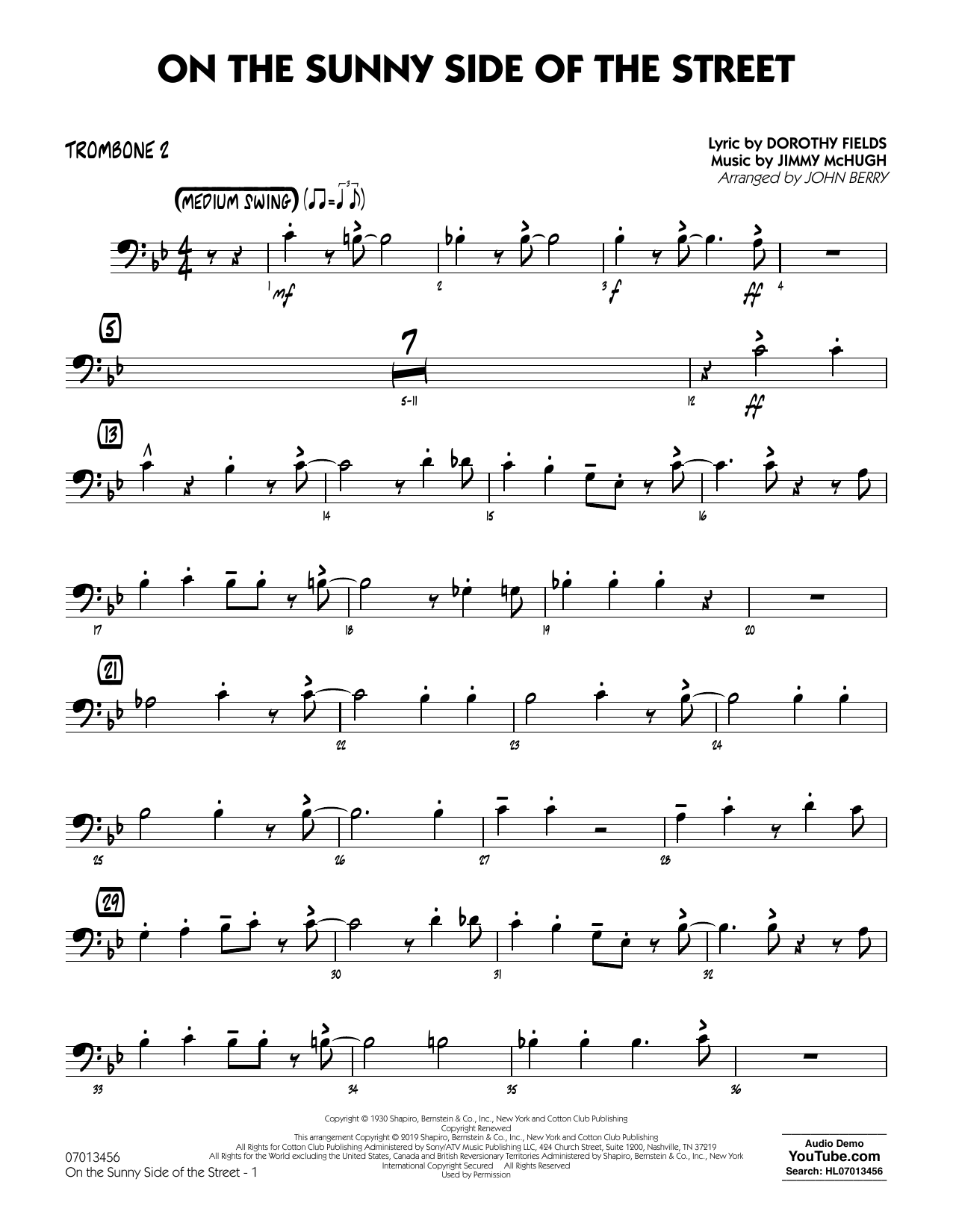 Dorothy Fields On The Sunny Side Of The Street Arr John Berry Trombone 2 Sheet Music Notes Download Pdf Score Printable