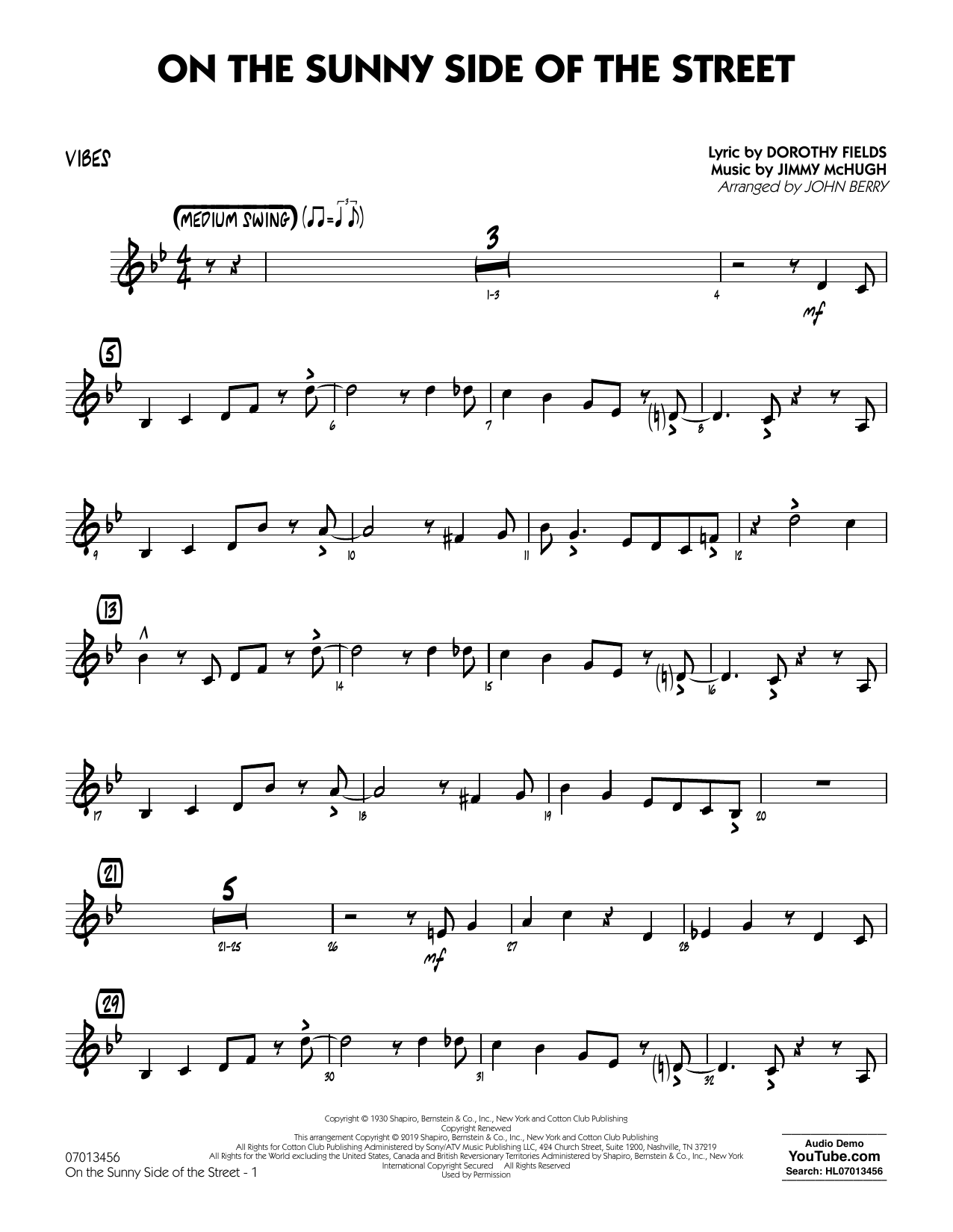 Dorothy Fields On The Sunny Side Of The Street Arr John Berry Vibes Sheet Music Notes Download Pdf Score Printable