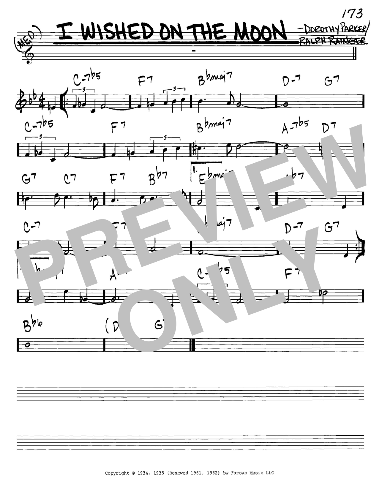 Preview Dorothy Parker I Wished On The Moon Jazz sheet music, notes and chords for Real Book - Melody & Chords - C Instruments, SKU: 60453 I Wished On The Moon sheet music
