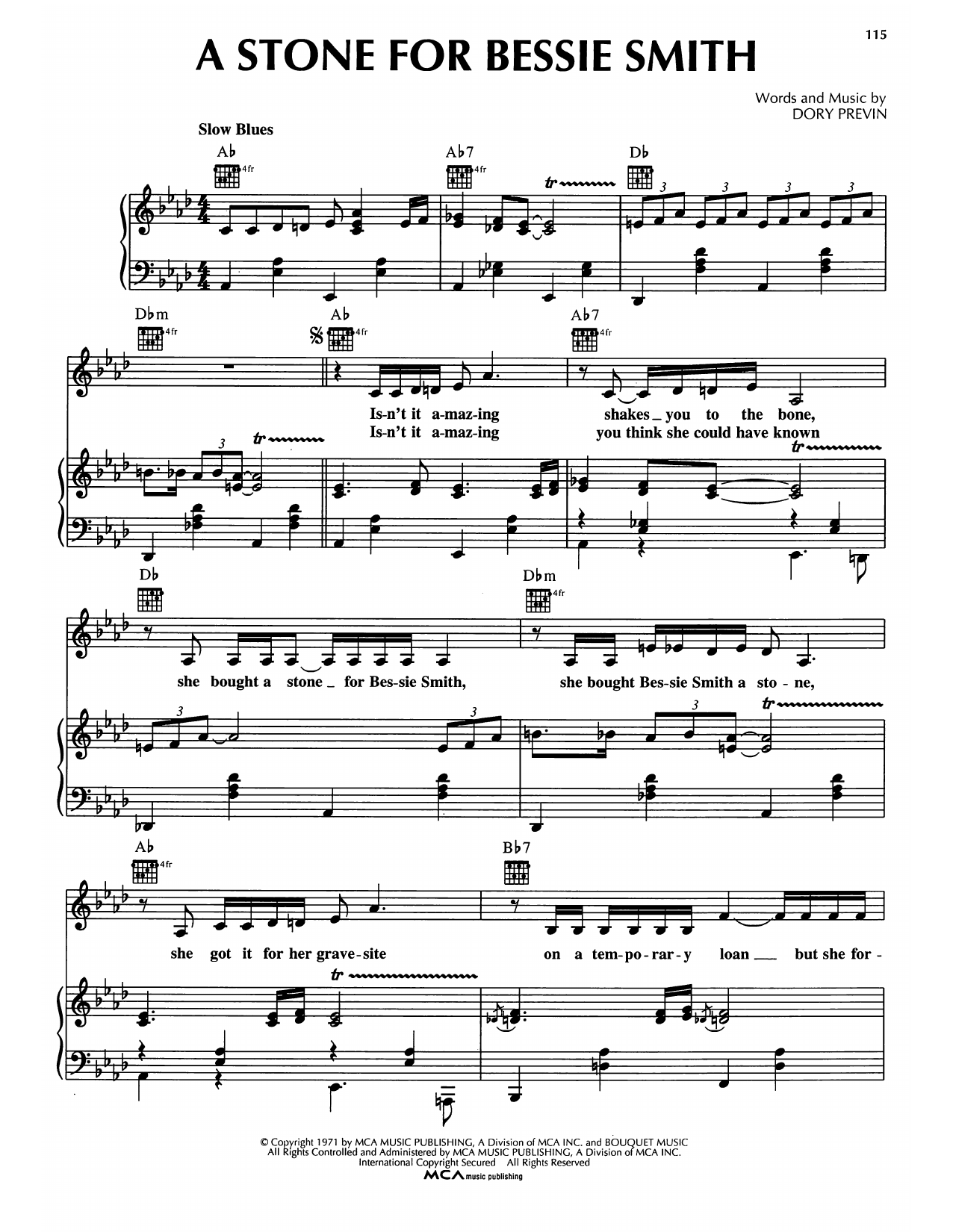 Dory Previn A Stone For Bessie Smith Sheet Music Notes & Chords for Piano, Vocal & Guitar Chords (Right-Hand Melody) - Download or Print PDF