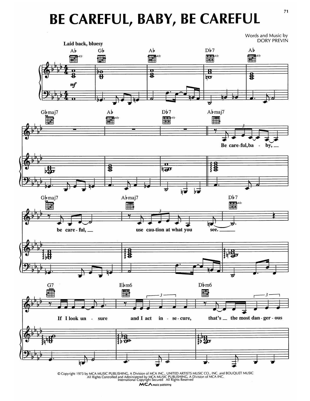 Dory Previn Be Careful, Baby, Be Careful Sheet Music Notes & Chords for Piano, Vocal & Guitar Chords (Right-Hand Melody) - Download or Print PDF