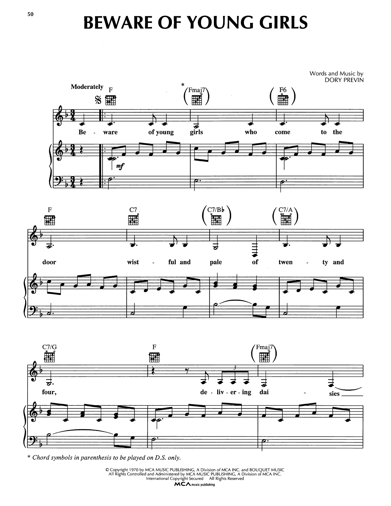 Dory Previn Beware Of Young Girls Sheet Music Notes & Chords for Piano, Vocal & Guitar Chords (Right-Hand Melody) - Download or Print PDF