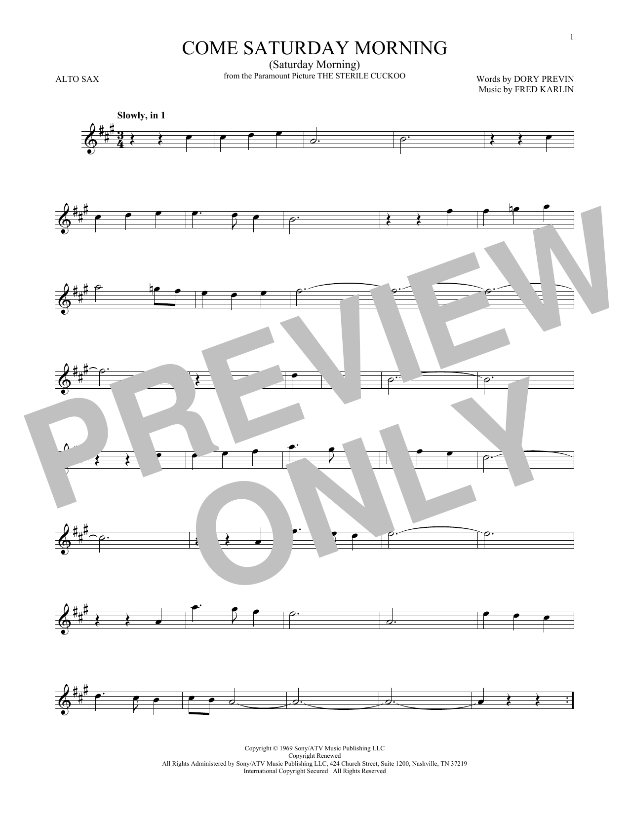 Dory Previn Come Saturday Morning (Saturday Morning) Sheet Music Notes & Chords for Trumpet - Download or Print PDF