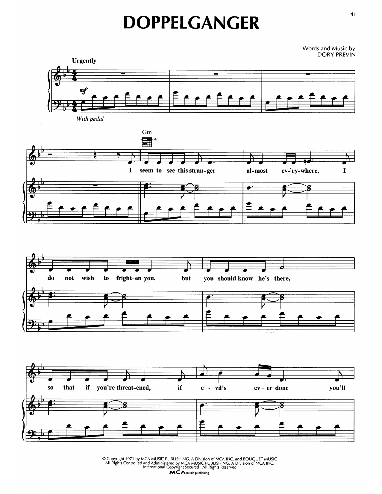 Dory Previn Doppelganger Sheet Music Notes & Chords for Piano, Vocal & Guitar Chords (Right-Hand Melody) - Download or Print PDF