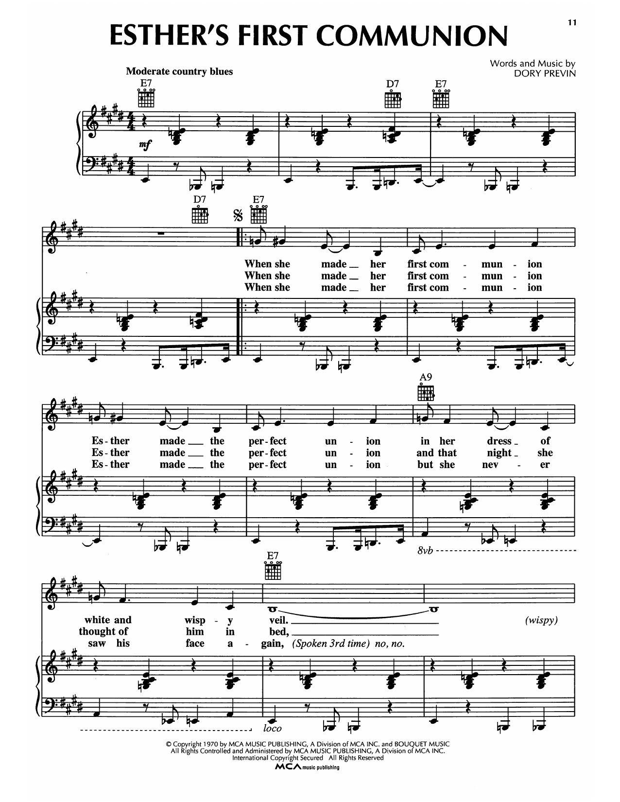 Dory Previn Esther's First Communion Sheet Music Notes & Chords for Piano, Vocal & Guitar Chords (Right-Hand Melody) - Download or Print PDF
