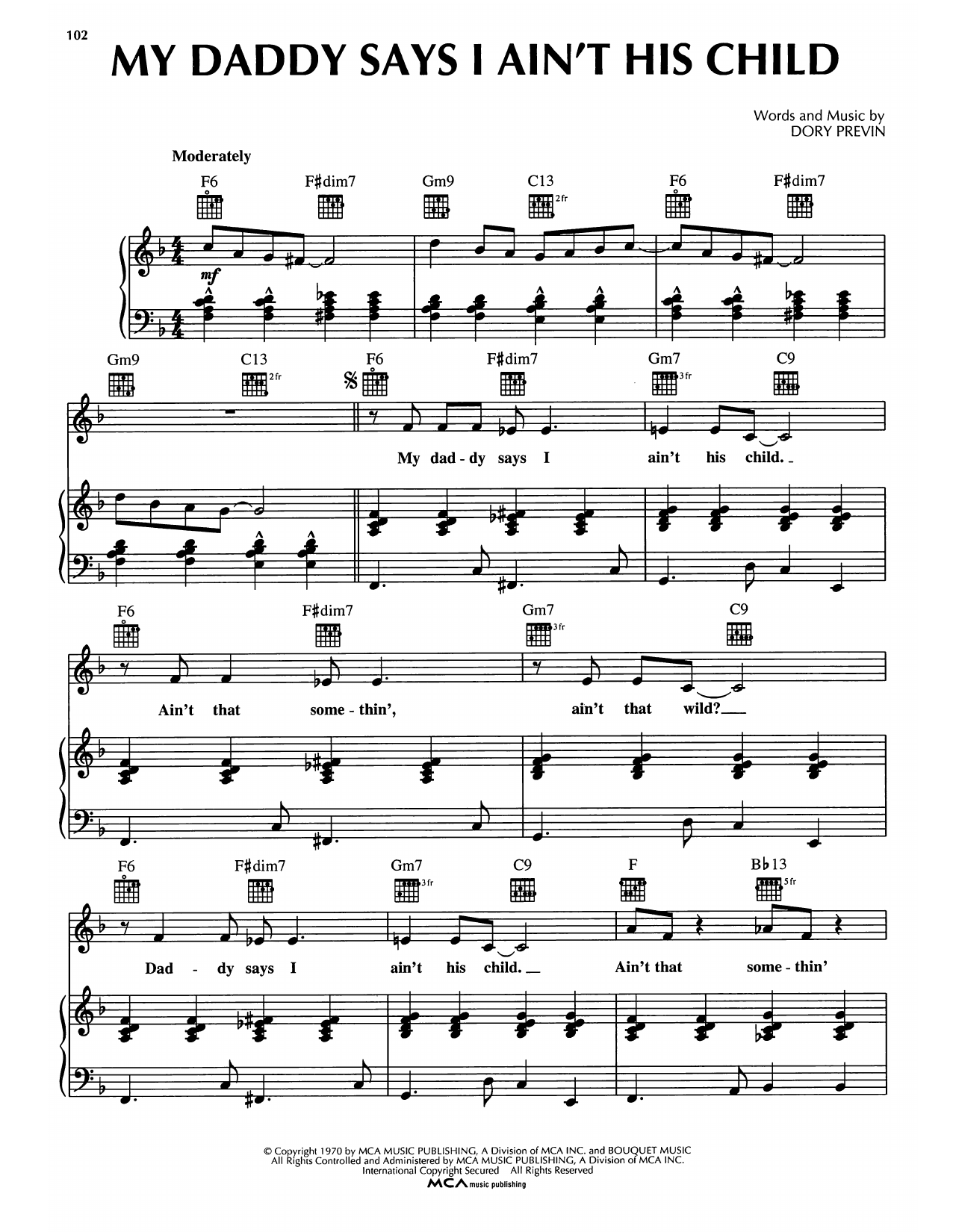 Dory Previn My Daddy Says I Ain't His Child Sheet Music Notes & Chords for Piano, Vocal & Guitar Chords (Right-Hand Melody) - Download or Print PDF