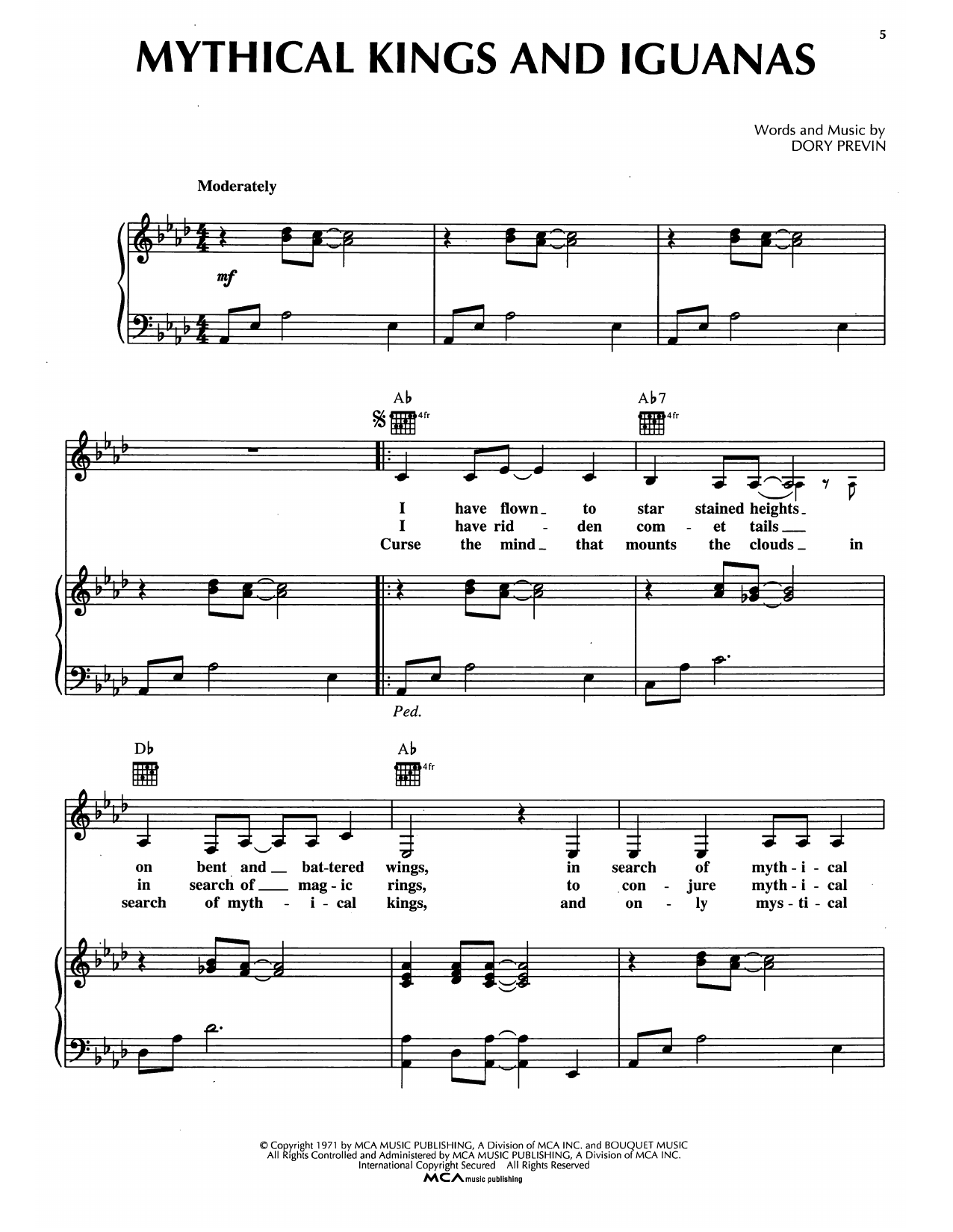 Dory Previn Mythical Kings And Iguanas Sheet Music Notes & Chords for Piano, Vocal & Guitar Chords (Right-Hand Melody) - Download or Print PDF
