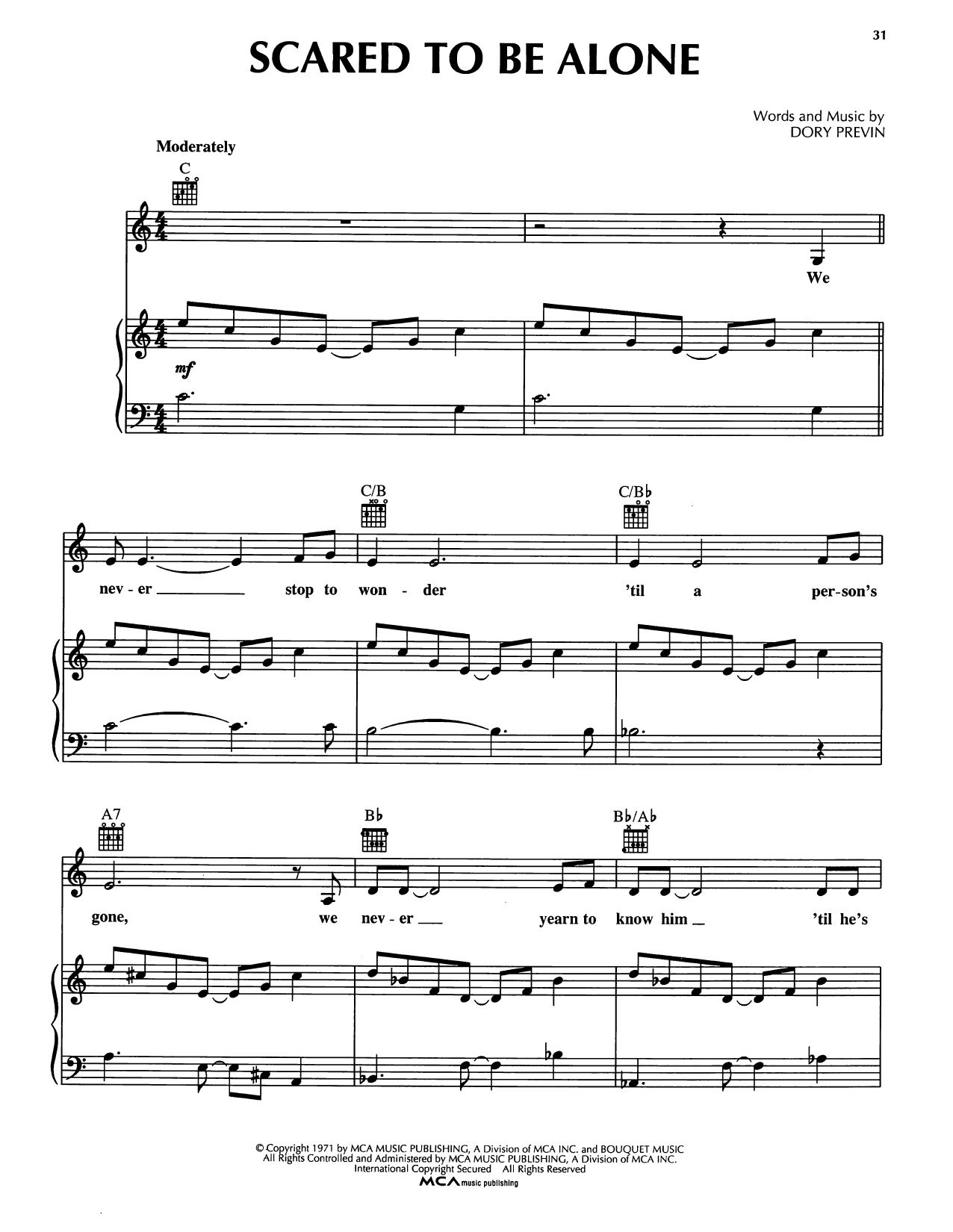Dory Previn Scared To Be Alone Sheet Music Notes & Chords for Piano, Vocal & Guitar Chords (Right-Hand Melody) - Download or Print PDF