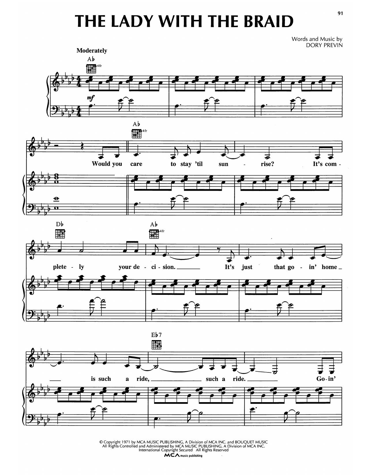 Dory Previn The Lady With The Braid Sheet Music Notes & Chords for Piano, Vocal & Guitar Chords (Right-Hand Melody) - Download or Print PDF